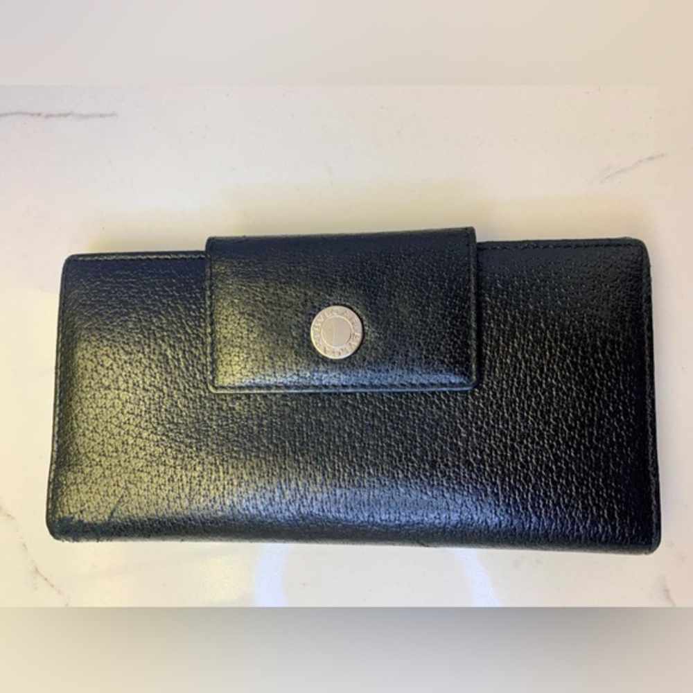 BVLGARI Pebbled Leather Tri fold Long Wallet - Black - EUC